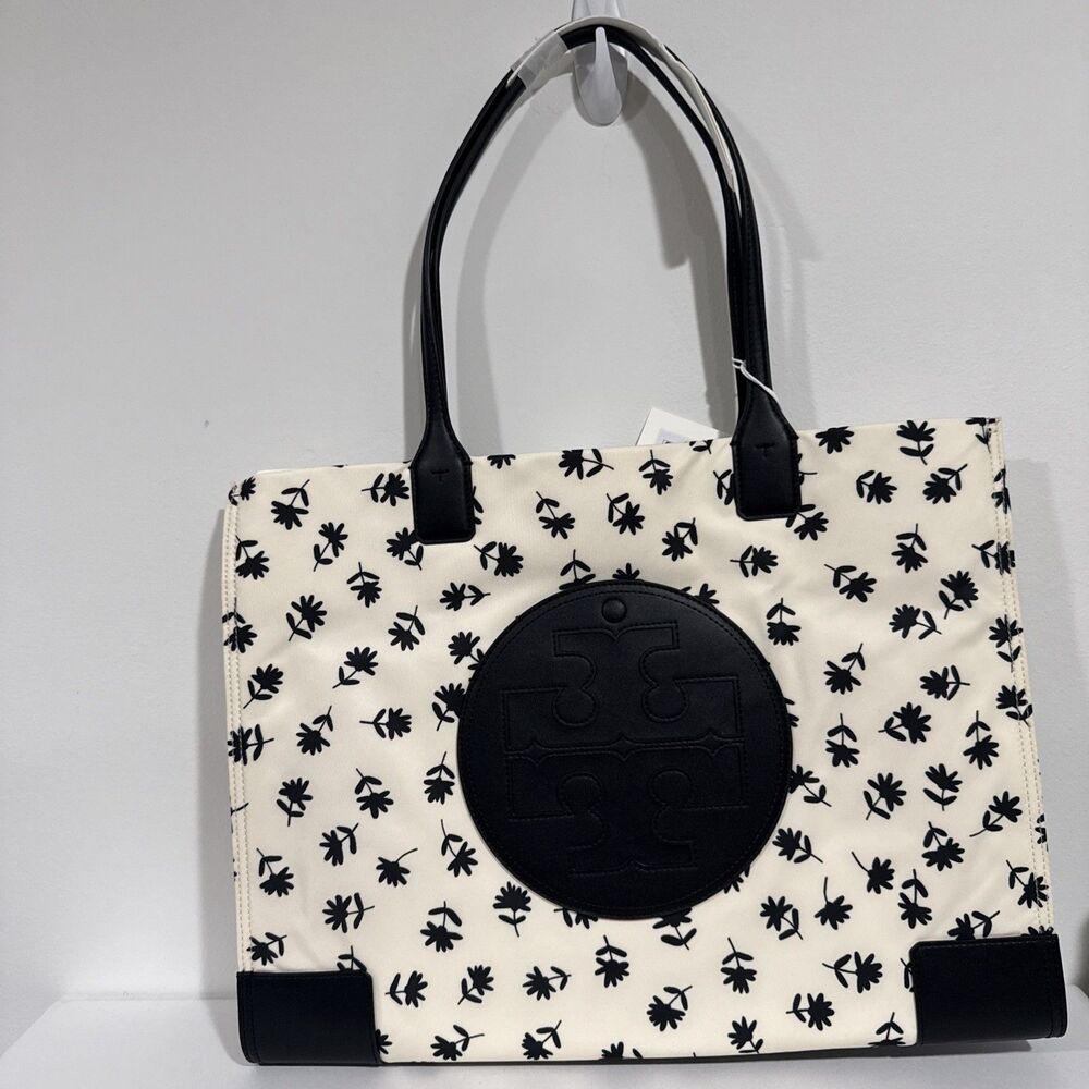 Tory Burch Ella Printed Large Nylon Tote Black Scatter Daisy Logo New With Tag